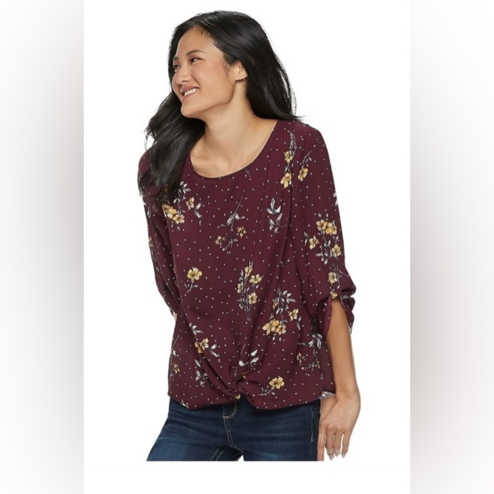 Pink Republic Twist front woven top, Plum Gold Floral size Large junior’s